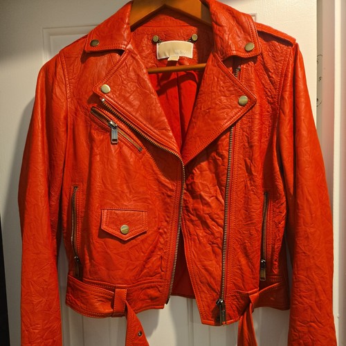 Michael Kors Soft Crinkle Lamb Leather Moto Jacket Scarlet Red M