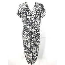 Leota Dress Womens Large Black White Abstract Short Sleeve Ruched Career Work