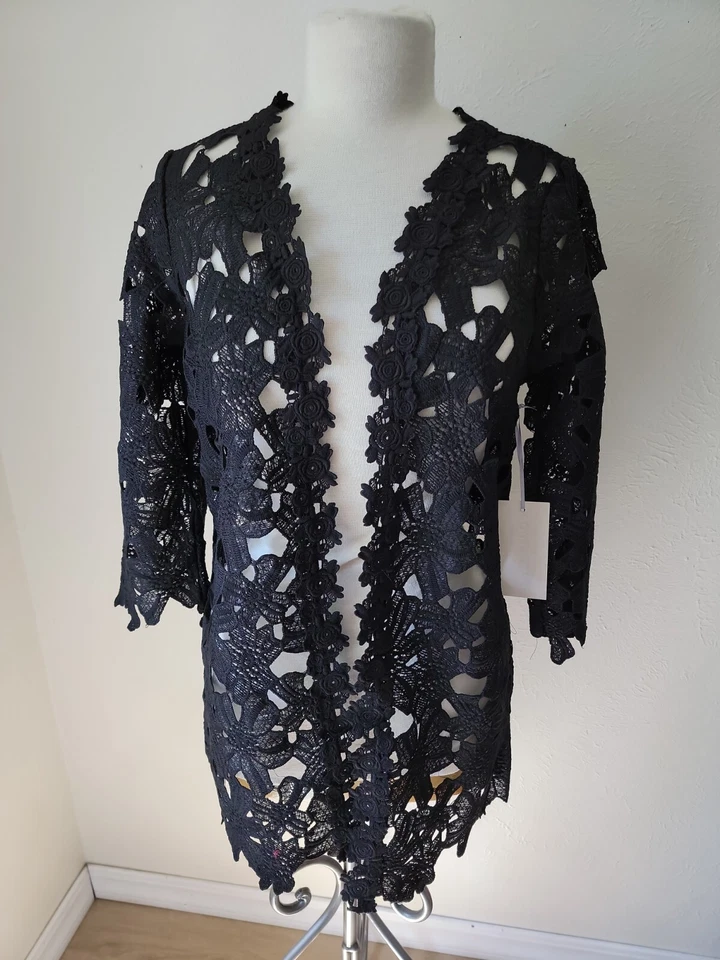 Double Zero Black Cardigan Jacket Small Lace 3/4 Sleeve Dressy - Image 3 of 4