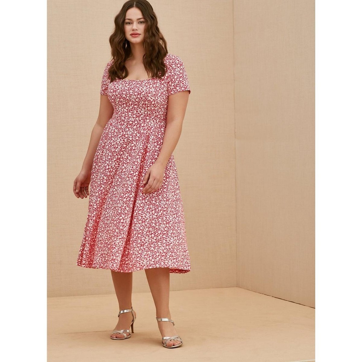 scuba knit midi dress Torrid Womens 1X Fuchsia Pink Floral Print Short Sleeves Scuba Knit Midi  Dress