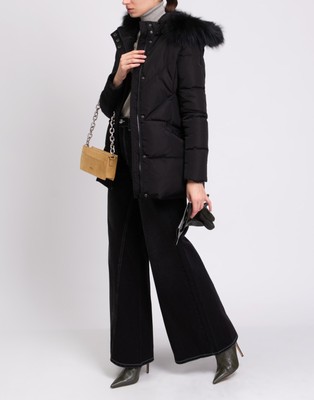 RRP 280 BOMBOOGIE Down Quilted Jacket US-S 2 M Black Raccoon Fur Trim Hooded
