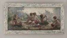 Antique 19th Cherub Putti Angel Garden Flower Oil Painting
