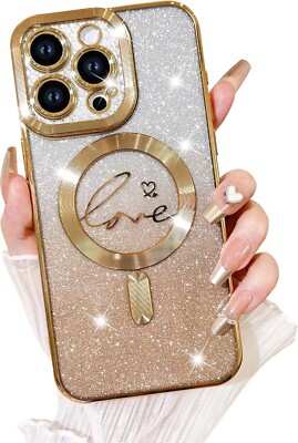 iPhone 13 Pro Max Case Compatible with MagSafe Love Heart Plating Glitter Gold