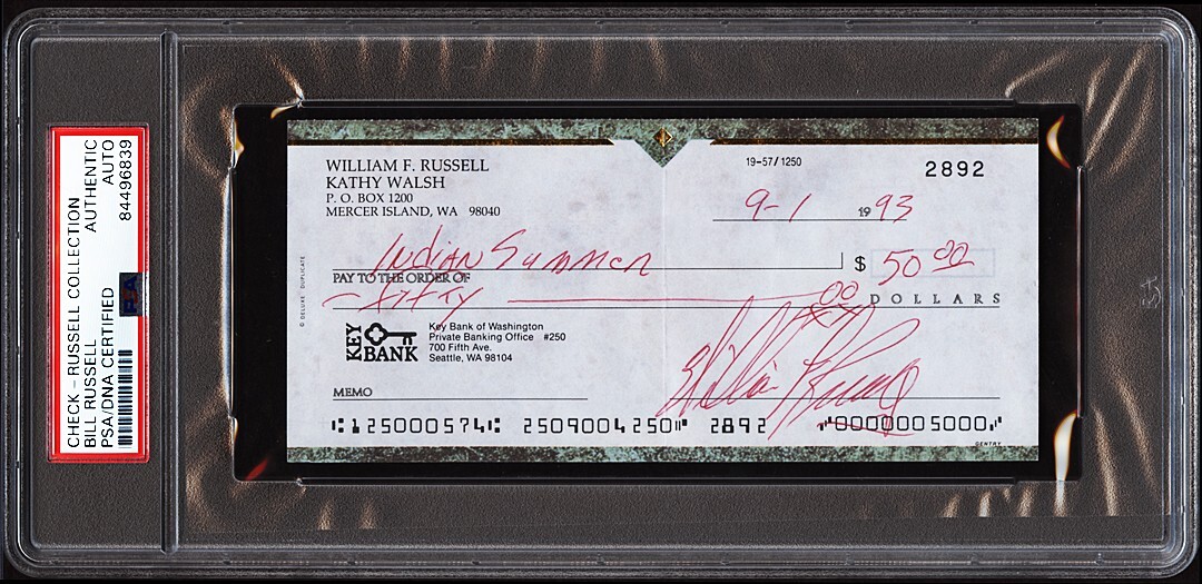 Bill Russell Autographed Signed Boston Celtics 1993 Check " Collection" Pedigree Label PSA/DNA 