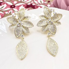 Sterling Silver Vermeil Flower Cubic Zirconia Dangle/Drop Earrings, New 2.2"