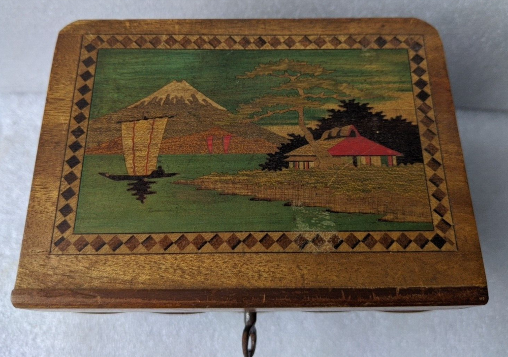 Vintage Japanese Wooden Puzzle Box inlaid Mt. Fuji Scene made Japan with a Key