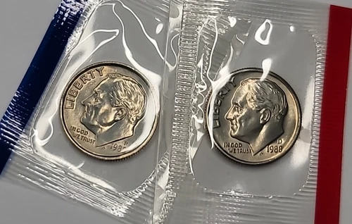 1988 P & D Uncirculated Roosevelt Dimes in Mint Cello - Free Shipping