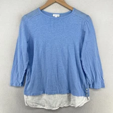 J.JILL Top S Love Linen 100% Slub Jersey 3/4 Sleeve Layered Button Blouse Blue