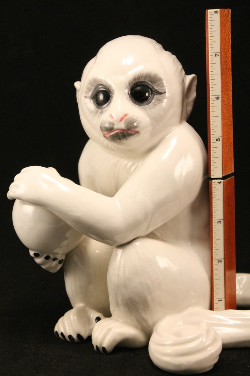 White Porcelain Glazed Capuchin Monkey Figurine Mid-Century Modern