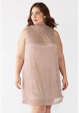 Nine West Dress Smocked Yoke Sleeveless Shift Pink Gold Metallic Cocktail M new