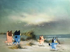 Bluey Heelers at beach fine art poster print upcycled thrift store painting