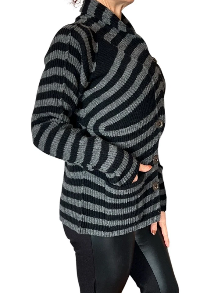 SONIA RYKIEL CÁRDIGAN SUÉTER GRIS NEGRO RAYAS CHAL CUELLO LANA CACHEMIR 40 M Foto 4 de 4