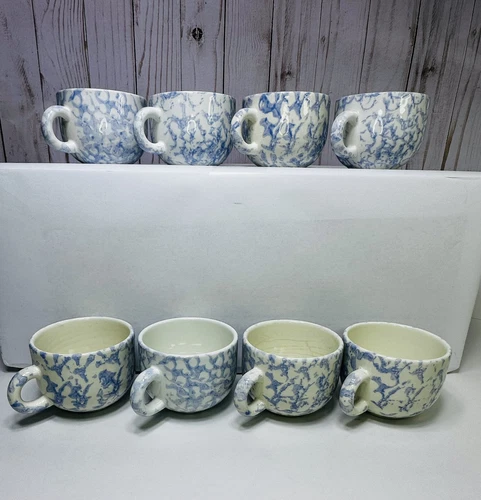 8 Vintage Italian/Made In Italy Coffee Tea Ceramic Mugs, Full Set Sponge Painted