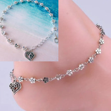 Silver Heart Anklet Dainty Dangle Charm Ankle Boho Glam Bracelet Chain 10in Posy