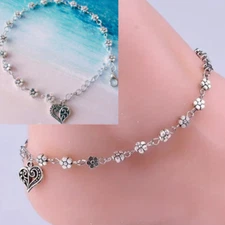 Silver Heart Anklet Dainty Dangle Charm Ankle Boho Glam Bracelet Chain 10in Posy