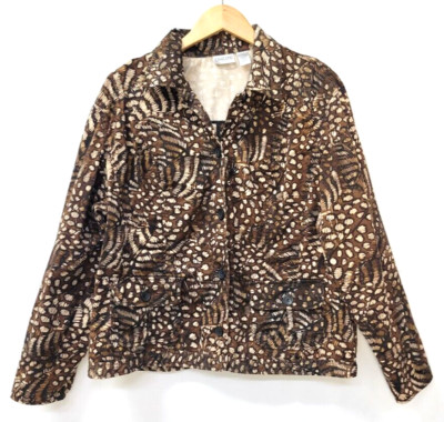 Chico s Women s Size 3 (Large) Brown Tan Abstract Button Jacket Stretch Career