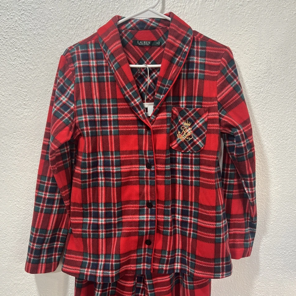 Lauren Ralph Lauren Red Blue  Plaid Fleece Pajama Set Embroidered Logo Sz:Small - Image 2 of 4