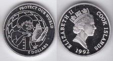 Cook Islands - 5 Dollars 1992 aUNC / XF Let s protect our world - silver