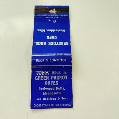 Jolly Mill & Green Parrot Cafes Redwood Falls MN Vintage Matchbook Cover TMB95-2