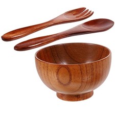 Natural Wood Salad Bowl Set With Spoon Fork Wooden Serving Bowl For Home