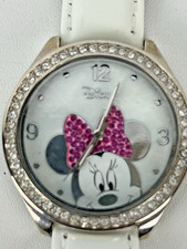 New Disney Minnie Mouse Rhinestone White Leather Watch Vtg. New Battery