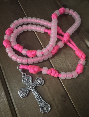 Pink Paracord Rosary, Durable Catholic Rosary, Night Glow Beads, Handmade