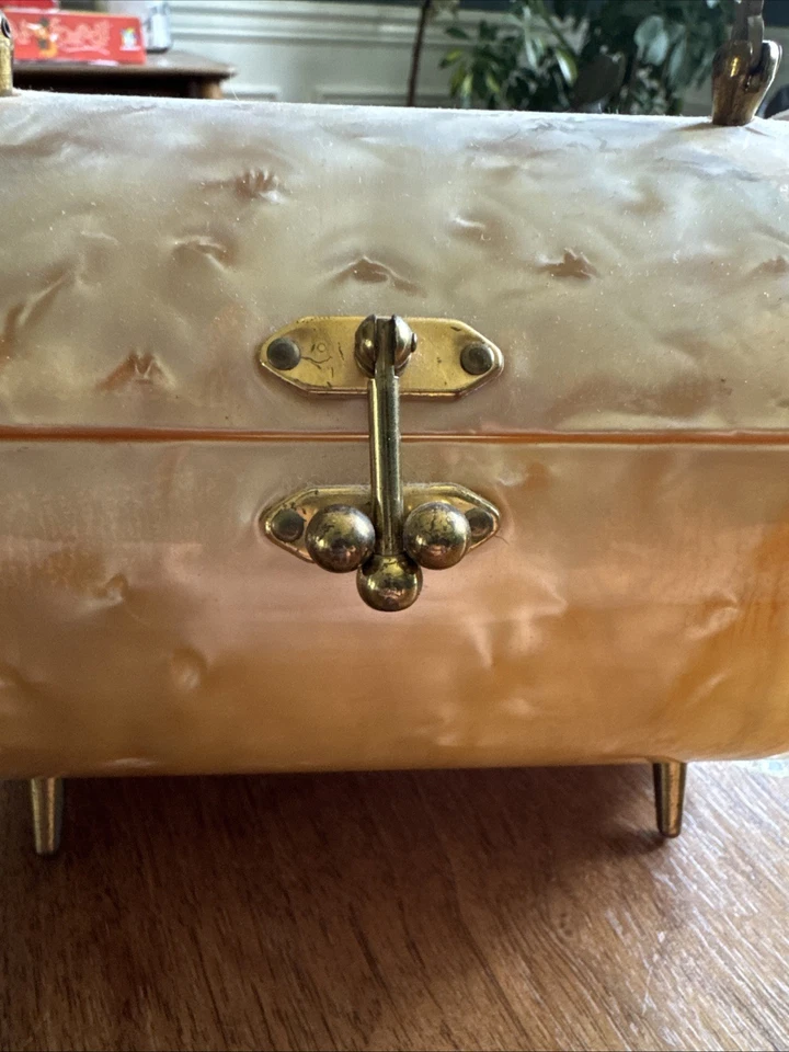 Vintage Pearlized Marbled Lucite Barrel Box Purse 1950s Clear Handle - Image 2 of 4
