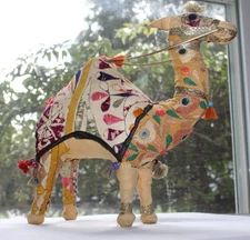Vintage 1950's Anglo Raj Camel Made In India Embroidered Mirror Beads 12.5" T