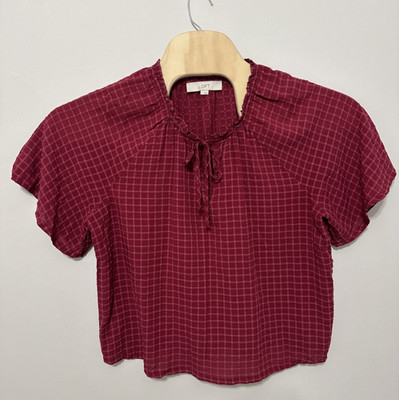 Loft Women's Blouse V Neck Tie Closure Ruffle Red Checked Flutter Sleeve Large