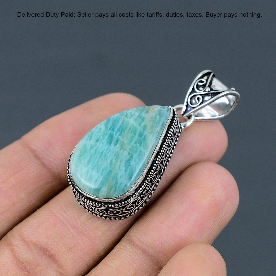 Oferta de Navidad Plata de Ley Amazonita Natural Vintage Artesanal Colgante Joyería Foto 4 de 4