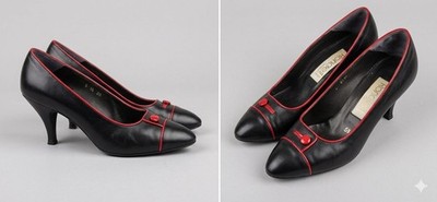 Vintage Pumps 1960er Jahre Schwarz Rot Rondell Design Echt Leder Rockabilly