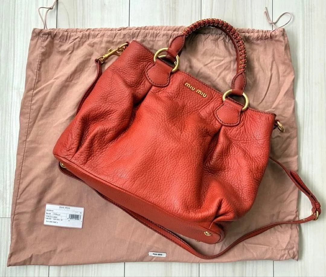 MIU MIU RR1629 2Way Handbag Shoulder Bag Pebbled Leather Coral Red w/Dust Bag