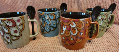 Mandala Design Mugs W/Attached Spoons Set of 4 Dish/Micro Safe -Mr.Coffee-