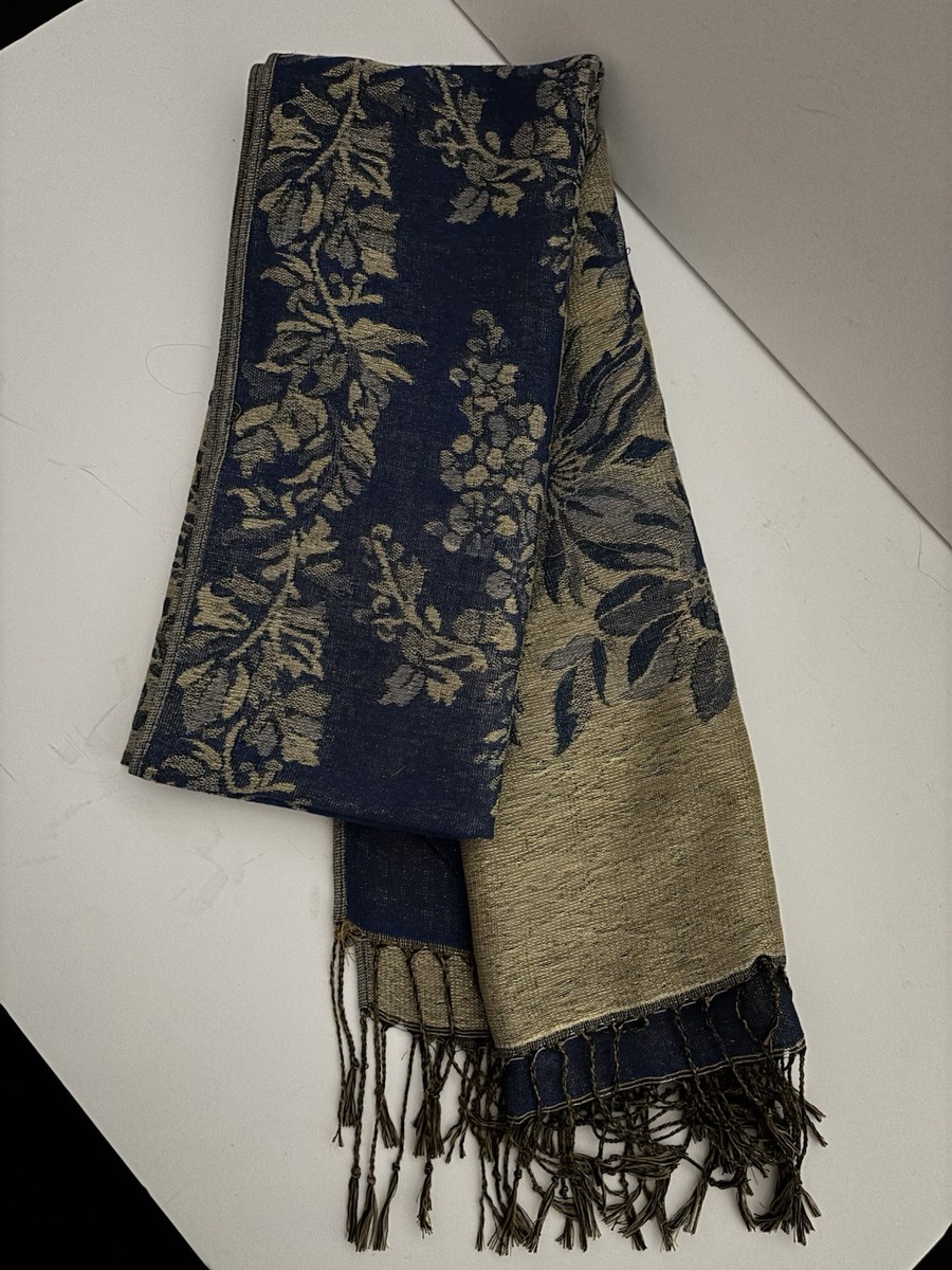 Pashmina Silk Wrap Shawl Scarf Blue Jewel Tone Florals 72”x 28” Bohemian View 4