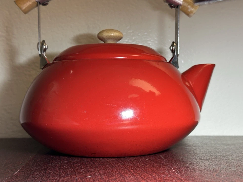Vintage Mid Century Scandinavian Danish Red Enamel Tea Kettle Teapot Wood Handle - Image 2 of 4