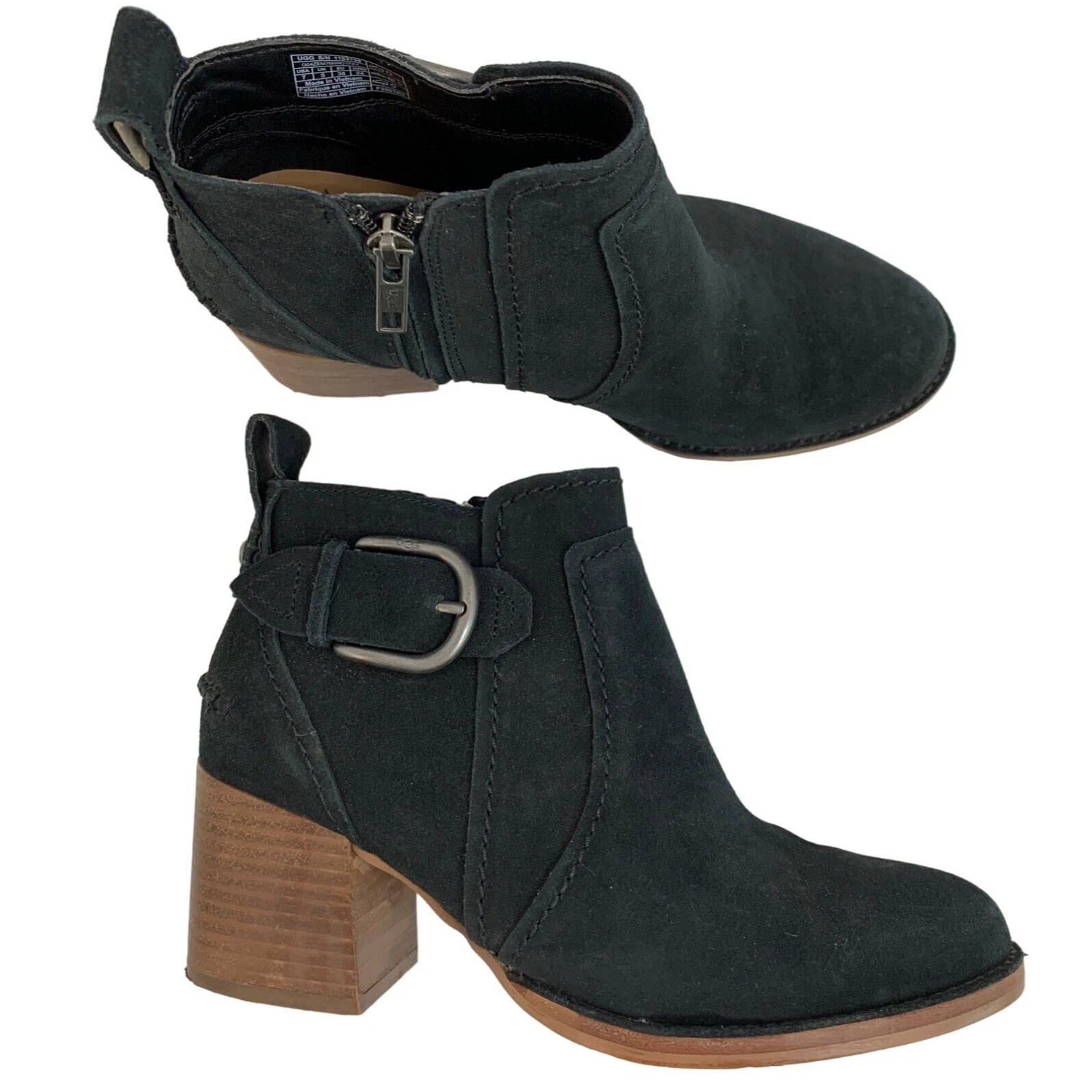 Stivali neri UGG Leahy taglia US 7 pelle scamosciata tacco grosso taglia cerniera in ottime condizioni 7089