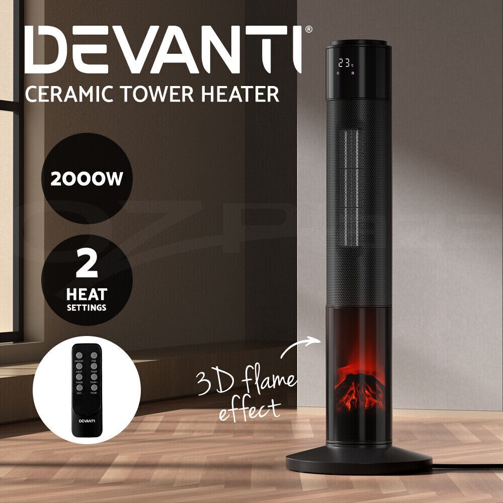 Devanti Electric Ceramic Tower Heater 3D Flame Oscillating Remote Control  2000W | eBay