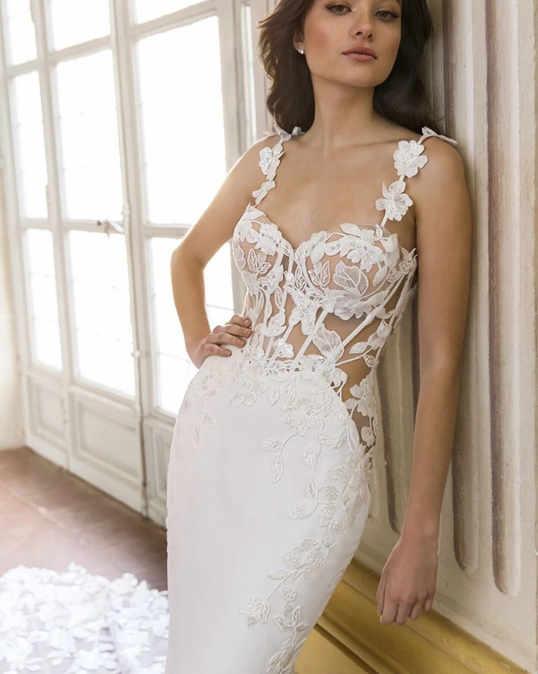 Spitze Hochzeitskleid Brautkleid Träger 32-50 Illusion Korsage Meerjungfrau Weiß - Bild 4 von 4