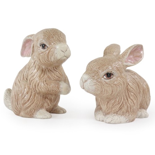 Scioto Ceramic Bunny Figurines Set of 2 Hand Painted Realistic Rabbits Easter