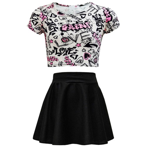 Kids Girls Love Graffiti Crop Top & Black Skater Skirt Set 7 8 9 10 11 12 13 Yr eBay