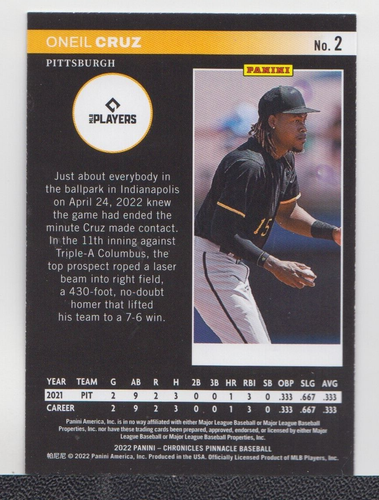 ONEIL CRUZ : MLB - 2022 - PANINI CHRONICLES PINNACLE RC - CARD No # 2 - Picture 2 of 2