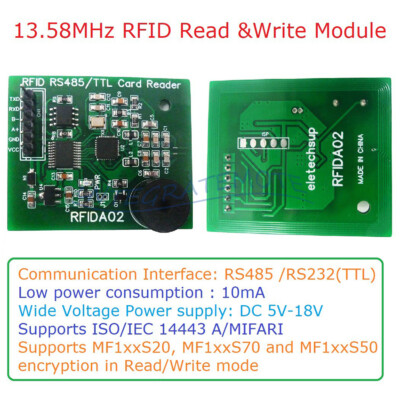 RFIDA02 RS485 / RS232 (TTL) UART 13.56MHz RFID UID IC Card Reader Writer DC5-18V