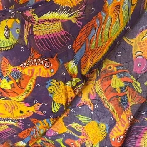 Women's Vintage Purple and Orange Fish Print Sarong Scarf GUC XL Beach Wrap - Picture 2 of 2