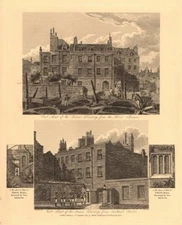 THE QUEEN'S TREASURY. East & West fronts. Scotland Yard. London. WILKINSON 1834
