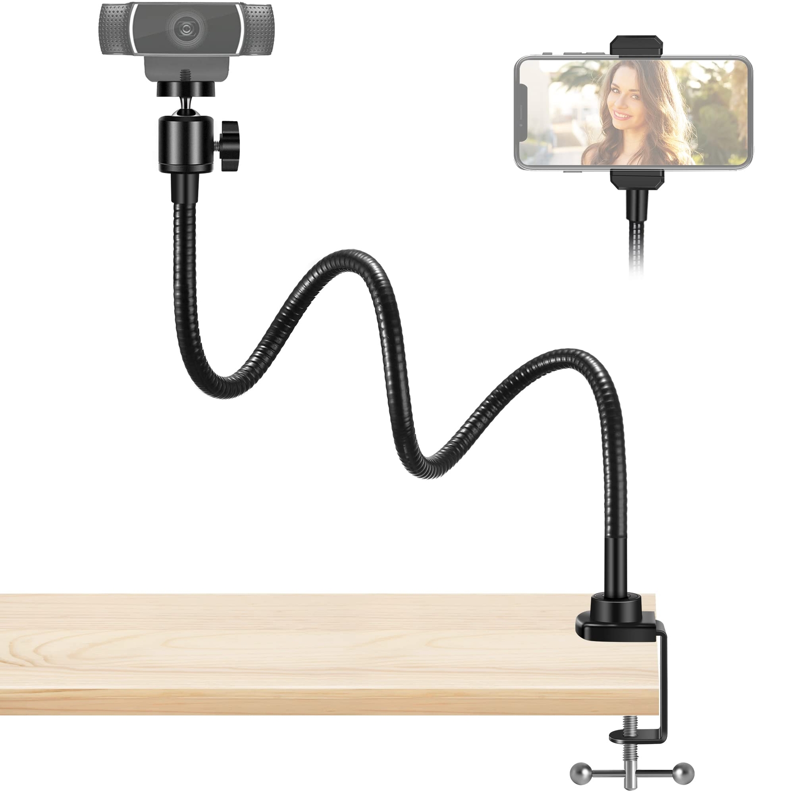 Webcam Stand with Phone Mount, Desk Camera Arm Stands Gooseneck for Logitech ...