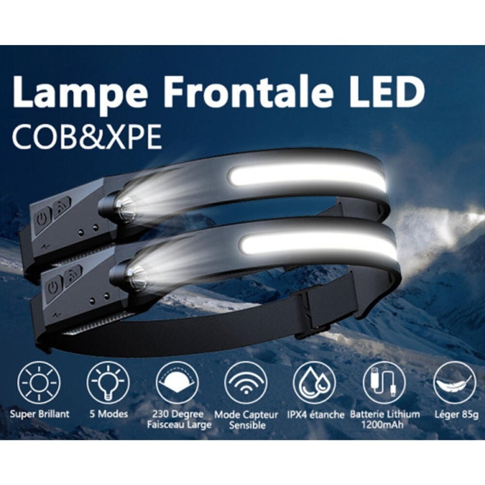 Lampe Frontale - LED - Rechargeable USB - Étanche - Capteur Sensible - 600 lm - Sport