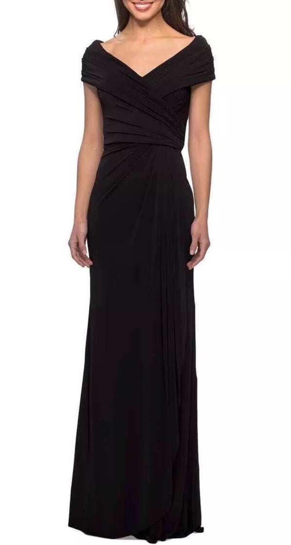 La Femme Black Ruched Off The Shoulder Jersey Column Gown New $348 Size 8