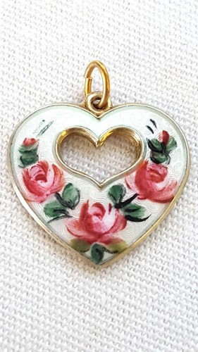 Vintage STERLING SILVER Gold Washed Heart CHARM, OPRO NORWAY, Hand Painted ROSE