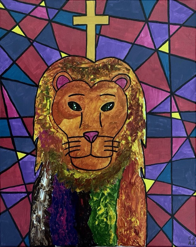 Signed Abstract Lion Big Cat Cross Painting, Unframed Religious Animals Art