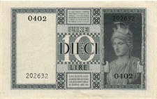 ITALY 10 Lire 1939 P-25c XF Banknote